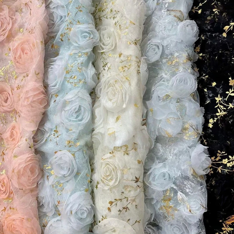 

3D Rose Embroidered Mesh Fabric Wedding Dress Performance Costume Children's Dress Women's Clothing Gold Stamping Fabric