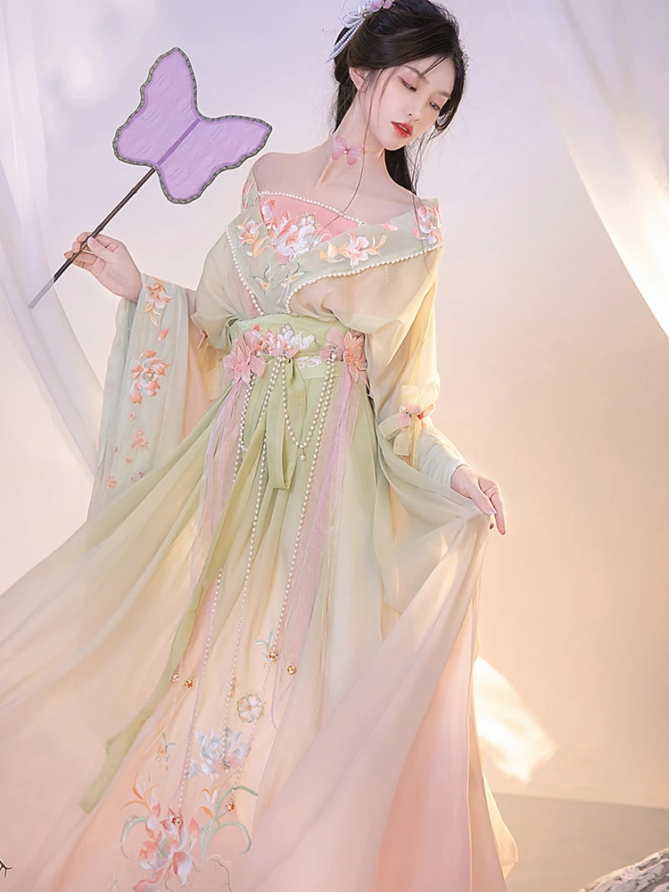 

Chinese Hanfu Dress Embroidery Large Sleeve Gradient Original Party Stage Costume Show Cosplay Pink Blue