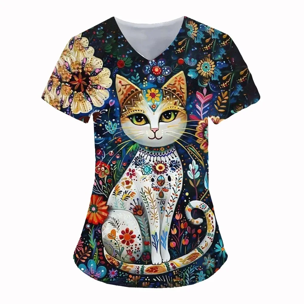 Nurse Uniforms Women 3d Animal Print Short Sleeve Pocket Loose Working Medical Nursing Workwear Uniforms Medical Nursing