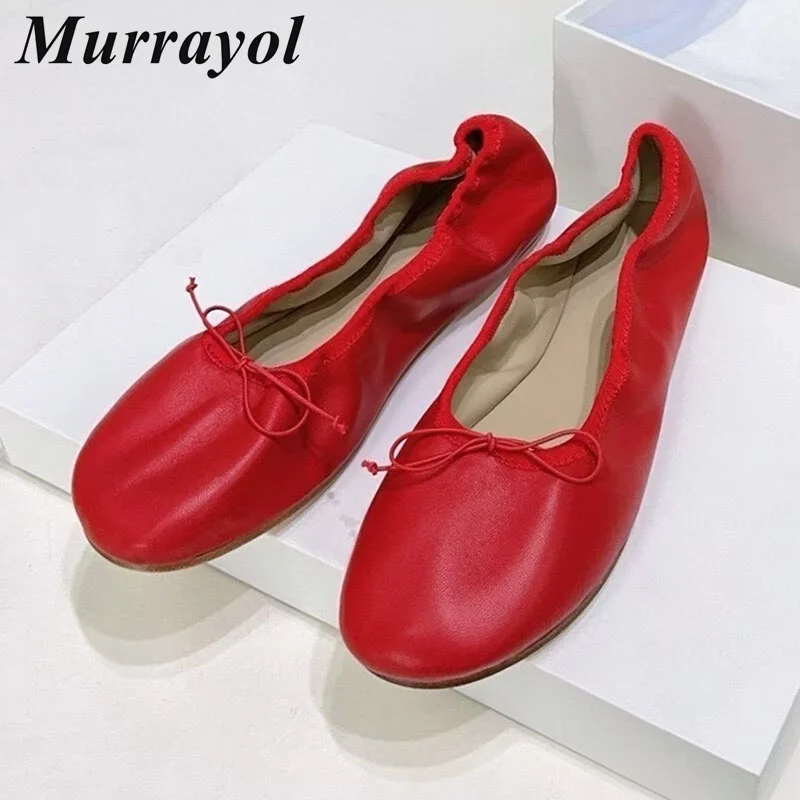 

Женские балетки из натуральной кожи с круглым носком, на плоской подошве, с бантом, для весны и осени, удобные лоферы, обувь для отдыха, обувь для пожилых женщин