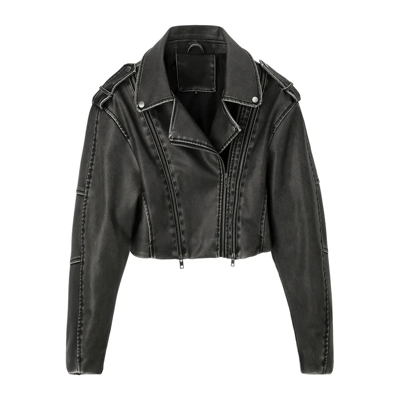 2025 streetwear super-curto jaqueta de couro feminino casaco de cintura alta vintage do-old lavado zip-up plutônio solto outerwear primavera outono