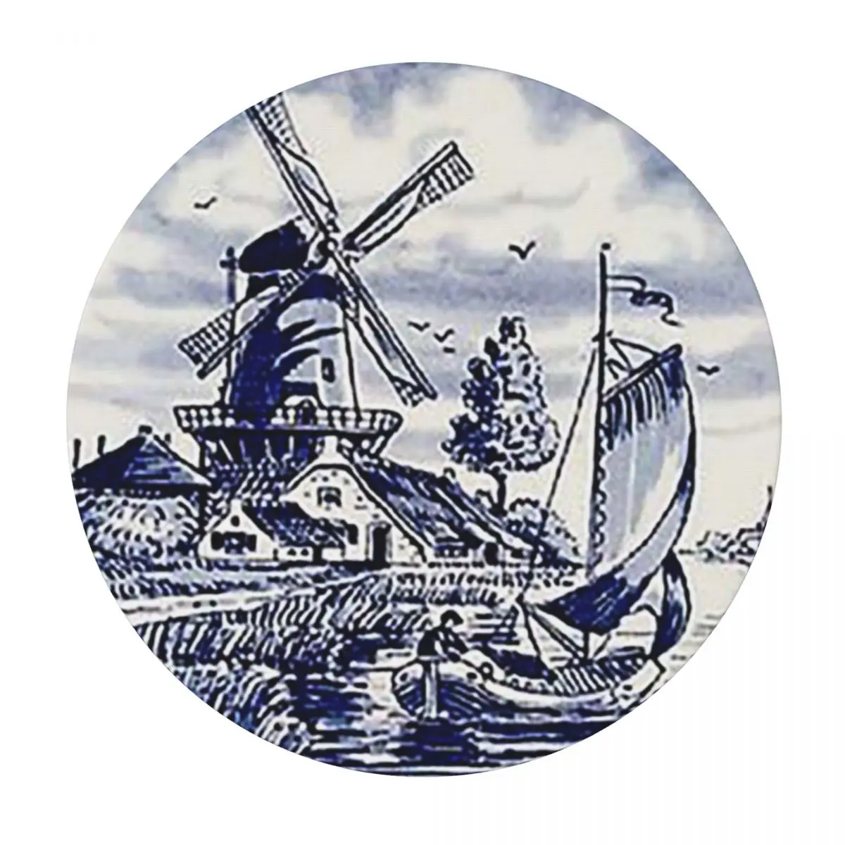 Dutch Blue Delft Vintage Windmill Print Waterproof Round Tablecloth Oilproof Table Cloth for Kitchen Events Dining Table Cover