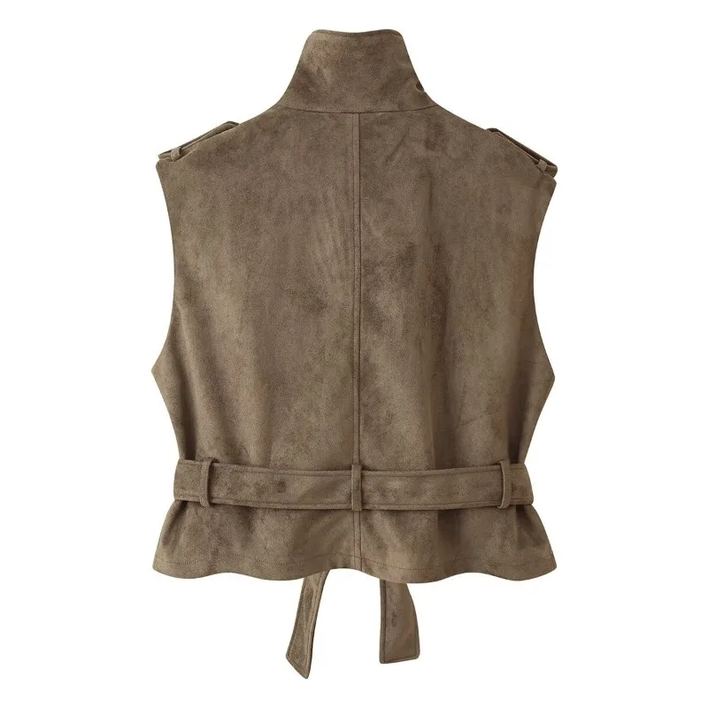 Damen-Weste aus Wildlederimitat, ärmellos, doppelreihig, mit selbstbindendem Gürtel, hohem Kragen, Taschen, Schulterklappen, Oberbekleidung, Top 2026 – Detail 3