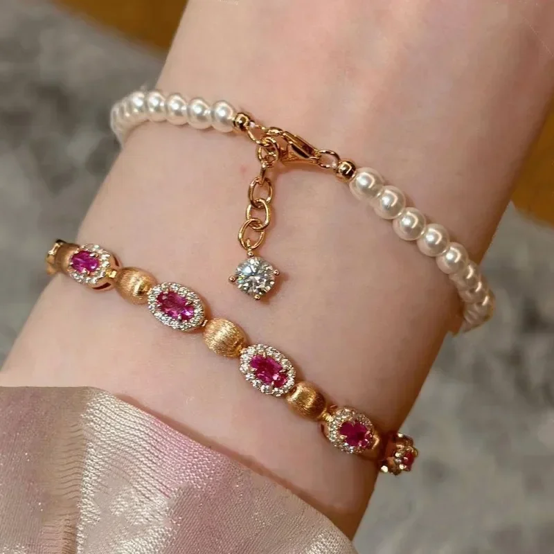 Vintage light luxury style wire drawing inlaid oval ruby bracelet for women High quality exquisite wedding bride bangles jewelry