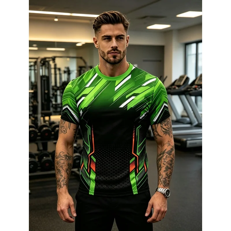 Summer Men'S Green Black Gradient Geometric Line Print Crew Neck Short Sleeve Sports T Shirt Multi Scene Casual Daily Wear Worko