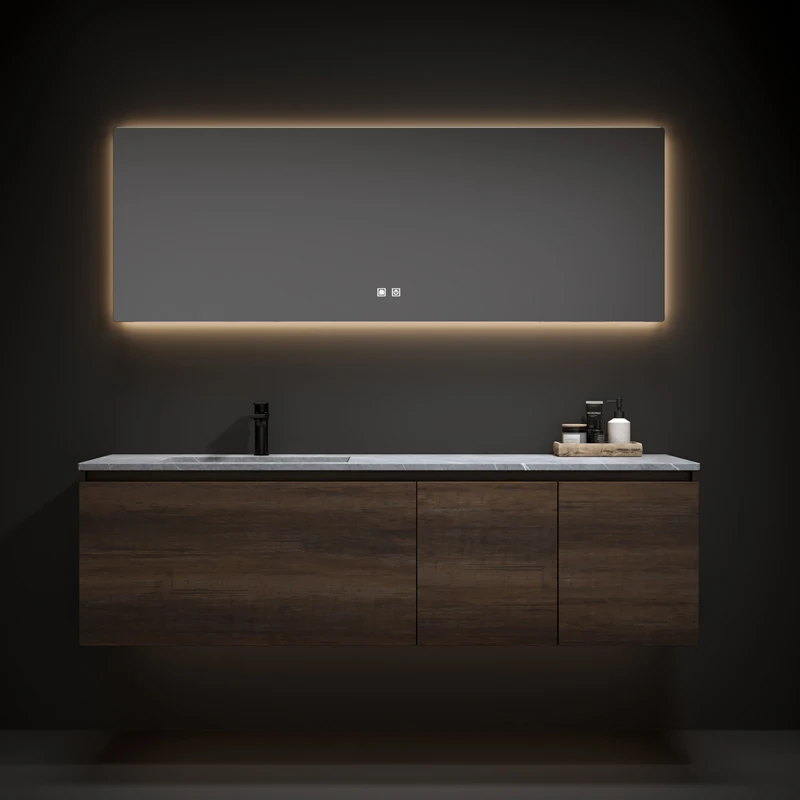 Designer Customized Bathroom Cabinet Combination Walnut Color Double Basin Rock Plate Integrated Bathroom Wash Table, Hand