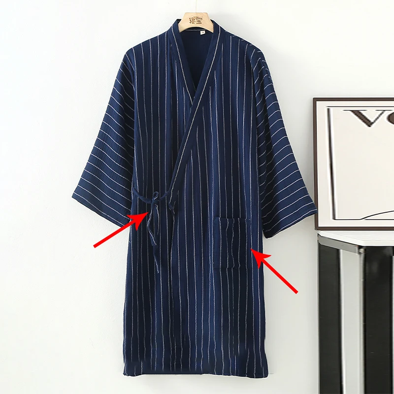 Japanese Traditional Samurai Kimono Pure Cotton Night-Robe Men Yukata Bathing Robe Loose Style Sauna Wear Homewear  Long Gown