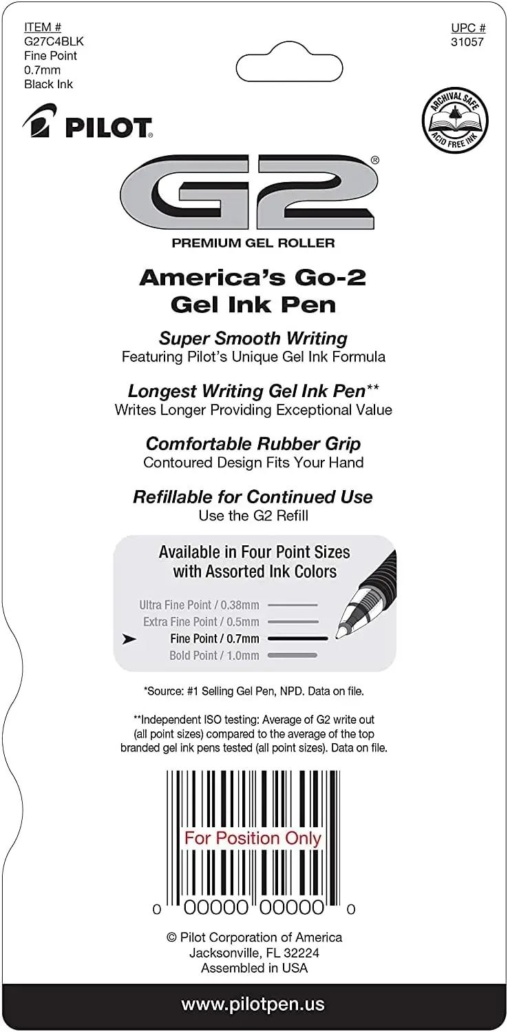 Penne gel a scrittura fluida, punta fine 0,7 mm, inchiostro nero, confezione da 4 per uso in ufficio e a scuola