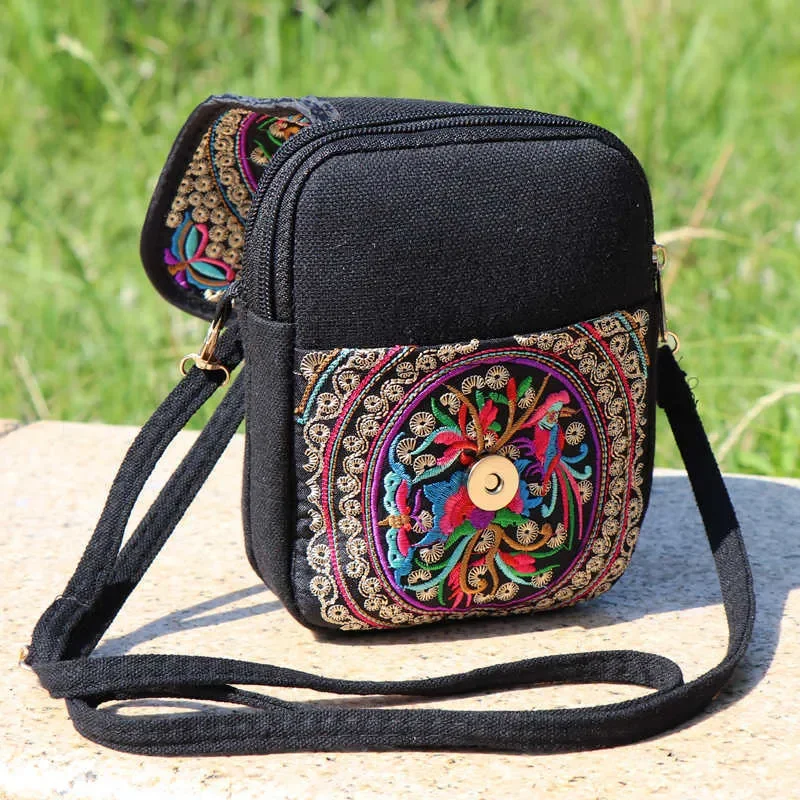 1PC Embroidered National Style Cloth Bag Waist Bag Oblique Span Shoulder Coin Mini Wallet Carry Vertical Square