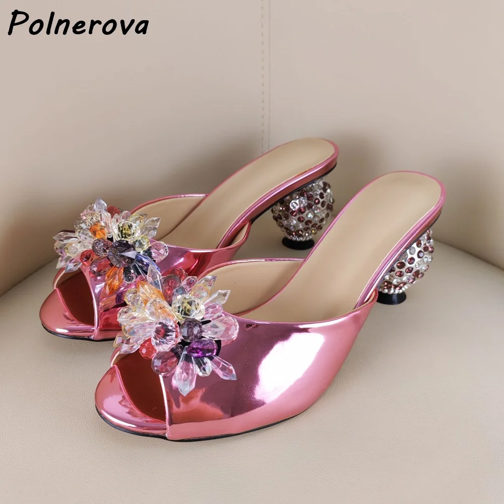 Metallic Pink Crystal Flower Sandals Open Toe Rhinestone Ball Heel Slip On Summer Party Slides Women Luxury Elegant Shoes