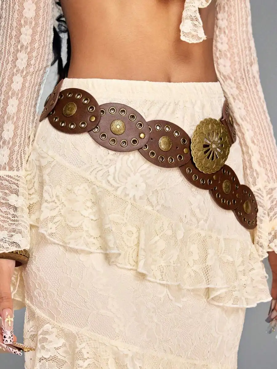 ROMWE Hippie - Cinturón de cuero ovalado marrón con hebilla de metal y ojales, estilo bohemio occidental, 1 unidad, para mujer, con decoración de botones de flores huecas