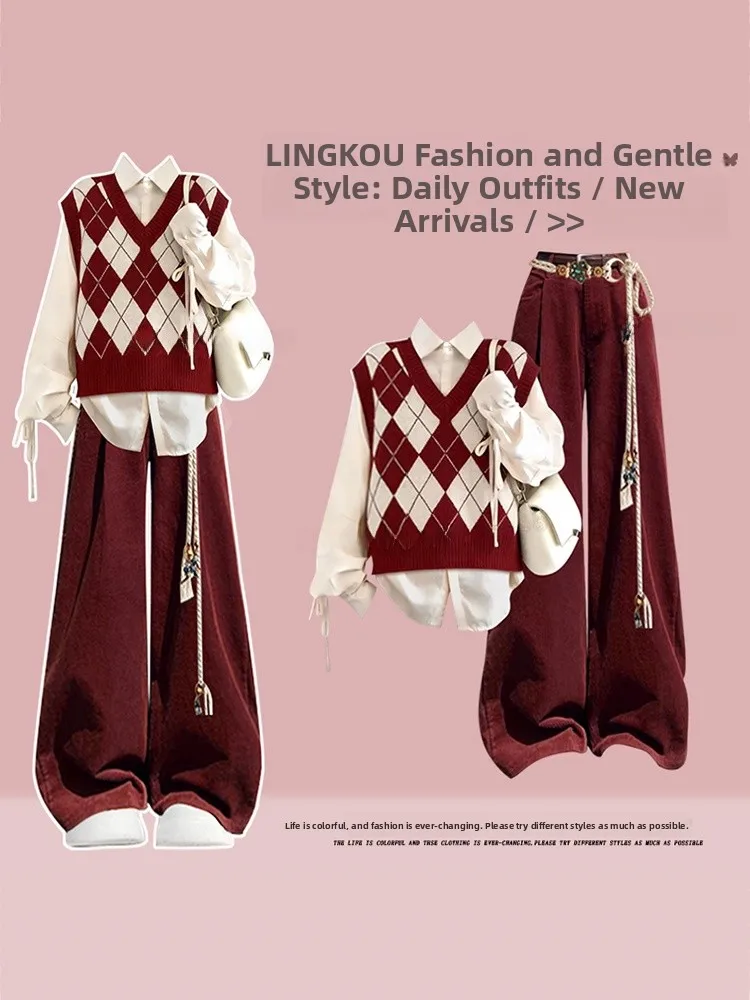 

Stunning plus Size Autumn Winter Set Women's Anti-Aging New Year Robe Vest Slimming High Waist Casual Pants Three Piece Set