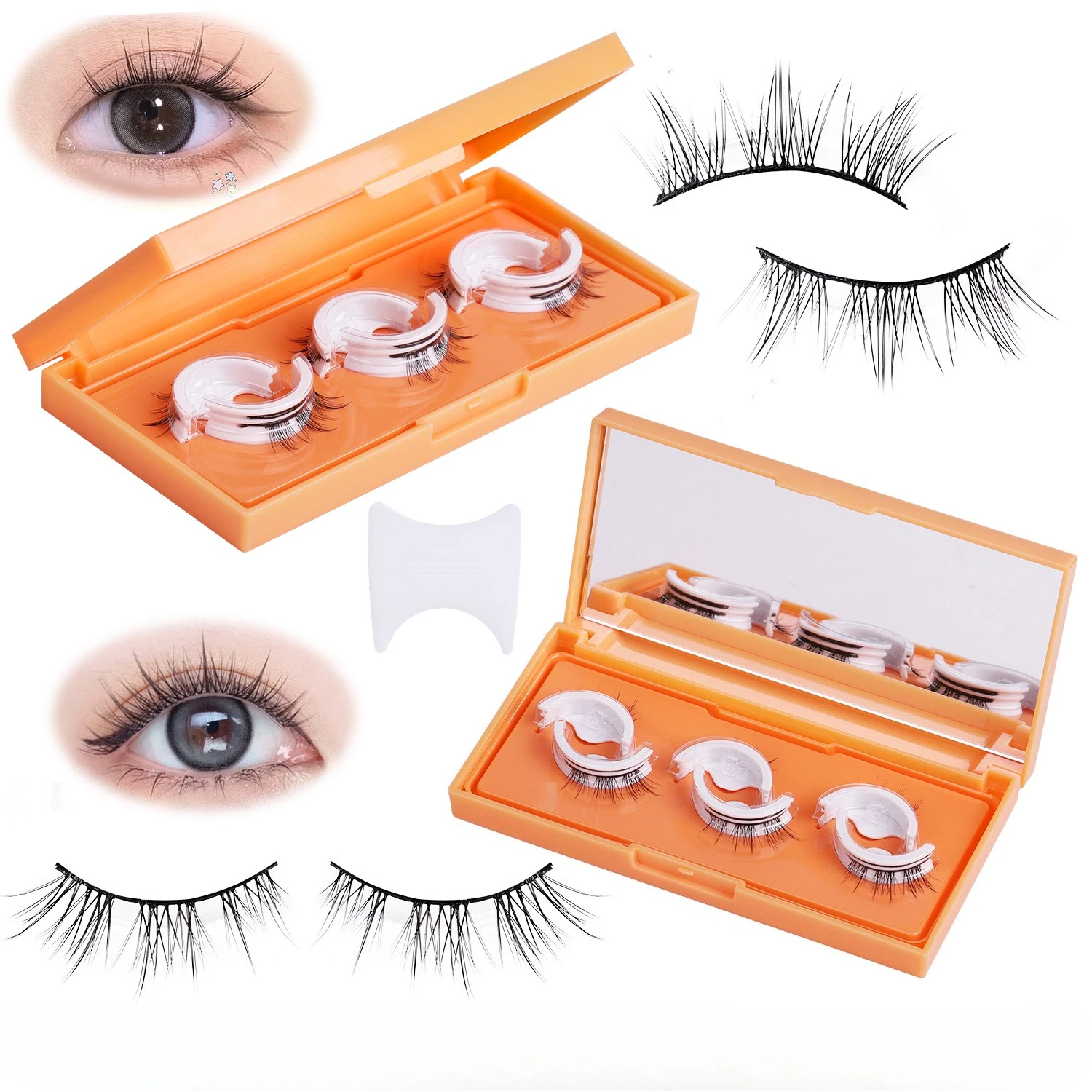 Drie paar zelfklevende valse wimpers met natuurlijke simulatie jelly lijmstrip, valse wimpers zonder lijm zelfklevend
