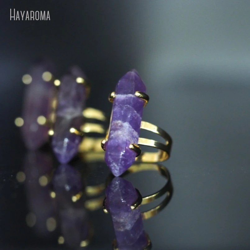 10Pcs Wholesale  Double Terminated Point Hexagon Gold Color Faceted Amethysts Crystal Ring