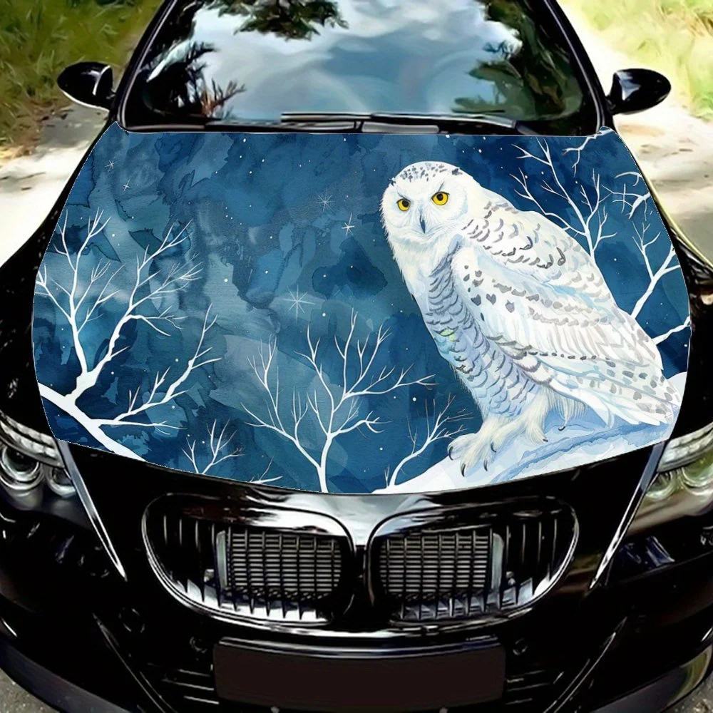 Snowy owl, white, feathers, tree branches, ice and snow, cold, night, starry skyDecal Stickers for Car Covers Stickers for Decor