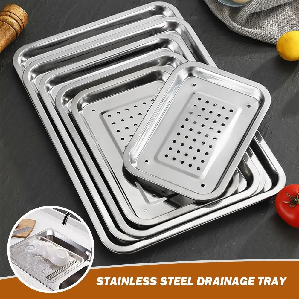 Nuevo Bandeja de té de acero inoxidable, bandeja rectangular de agua de drenaje de estilo japonés, plato para barbacoa,