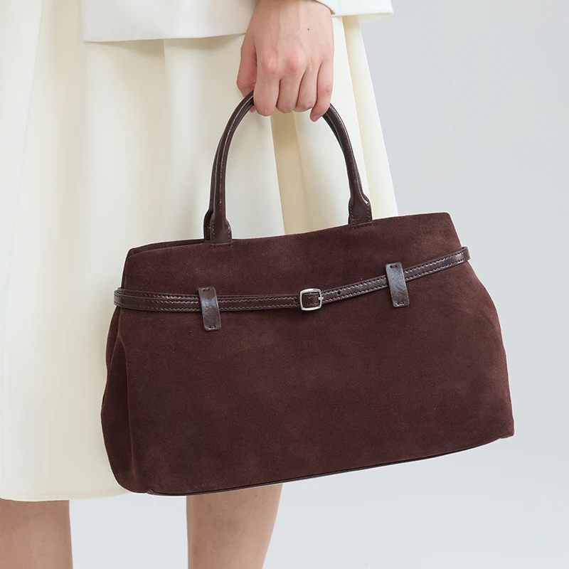 Women's Genuine Natural Suede Leather Large Soft Tote Handbag Luxury Designer Matte Nubuck Leather Decor Top Handle Shopper Bag
