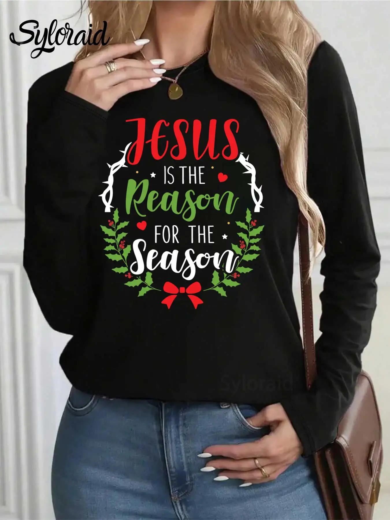 Women's Long Sleeve T Shirt "Jesus Is The Reason" Christian Christmas Print T Shirt Fashion Round Neck Casual Top