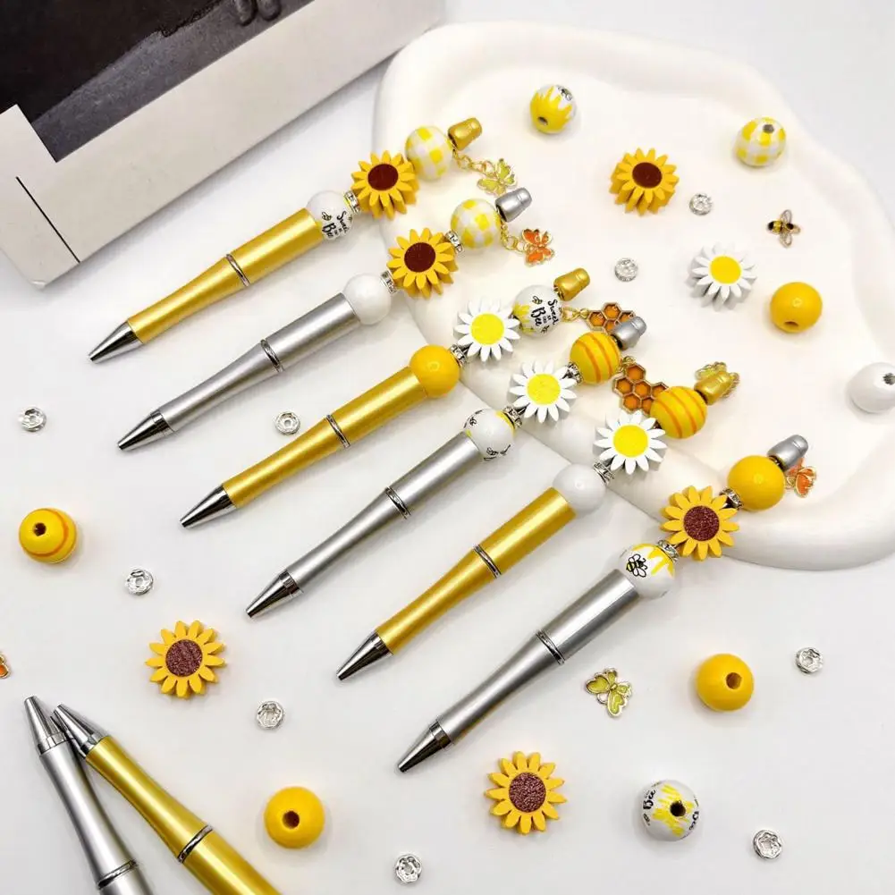 Sunflower Bee Beaded Ballpoint Pen Set, DIY Easy Assemble Ballpoint Pen Kits, Smooth Writing Pen, For Students School Supplies