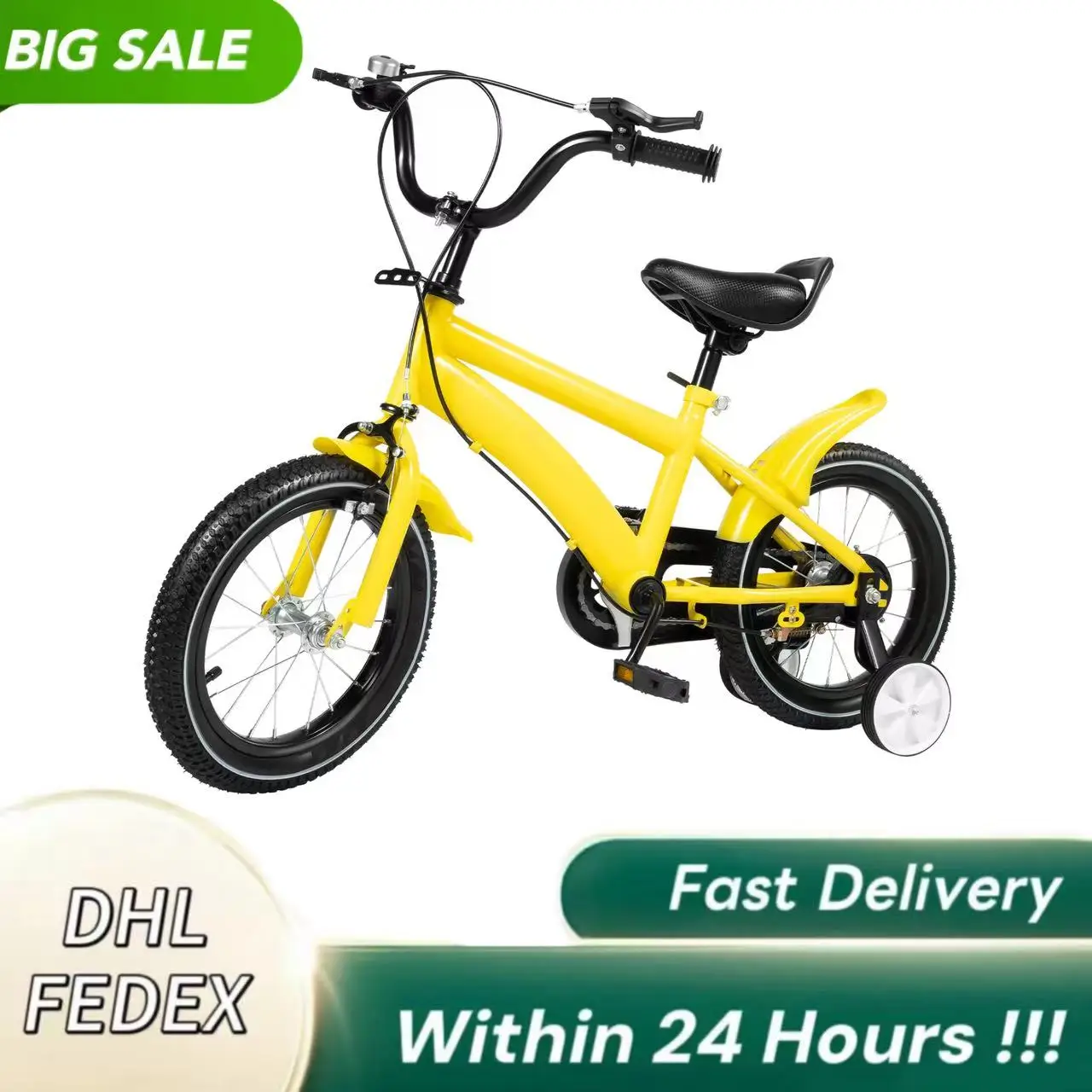 

14in Children’s Bike with Adjustable Seat, Training Wheels, Lightweight Carbon Steel Frame, 39.17 Inch, Yellow/Black