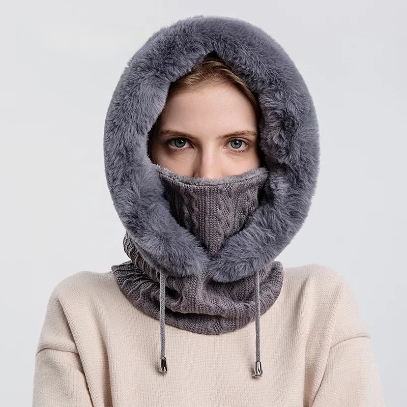 Practical New 2026 Winter Thick Fluffy Faux Fur Beanie Hood Hat Mask Set Windproof Neck Warmer Women Outdoor Ski Supplies