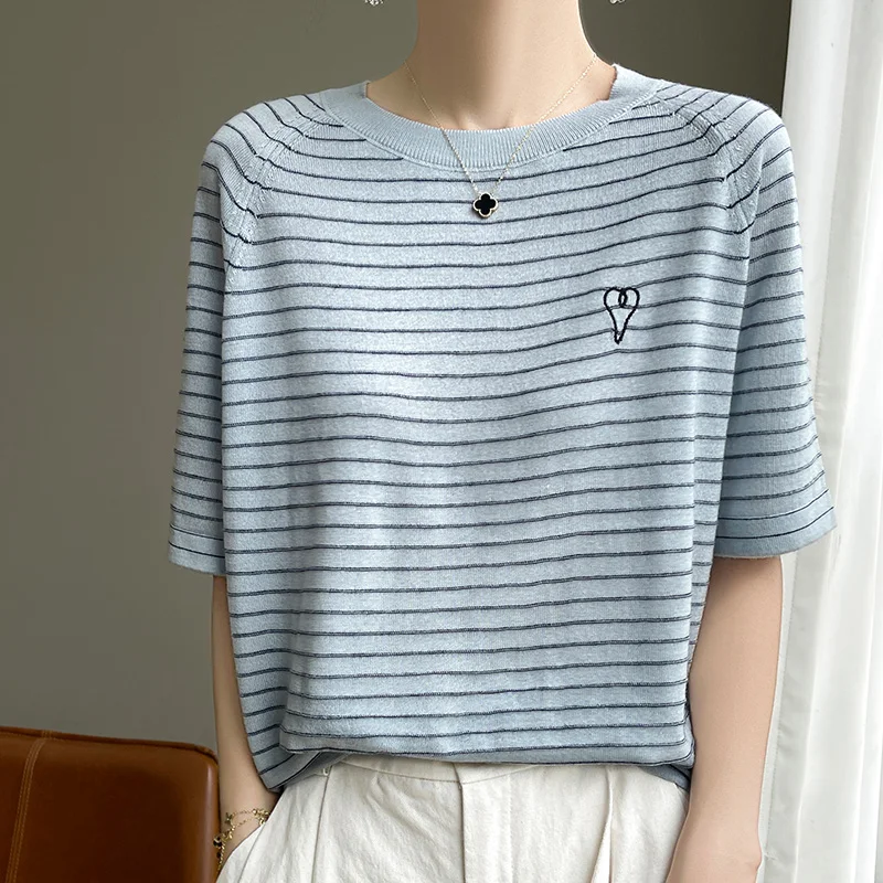 Summer Tencel Thin Short sleeved Women\'s Striped Round Neck Loose Pullover Korean Fashion Casual Silk T-Shirt Top