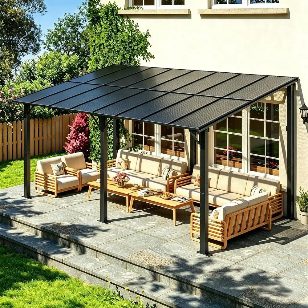 10x16T Lean to Gazebo, Hardtop Metal Pergola with Polyte Roo, Large Wall Mounted Heavy Duty Awnings, Patio or Backyard, Deck, Po