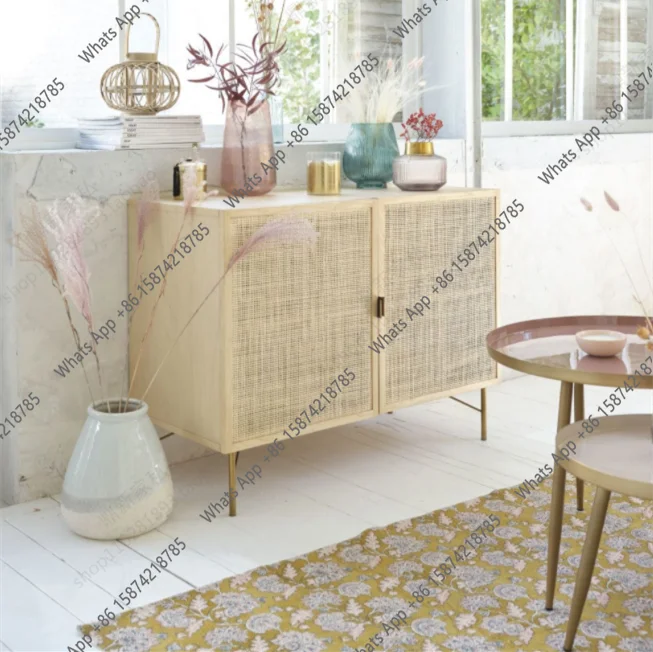 

Nordic solid wood dining side cabinet simple modern rattan entrance cabinet TV cabinet Japanese storage fashion