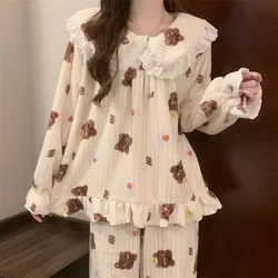 POCZCIY Ruffles Pajamas Women Autumn Winter Peter Pan Collar Ruffle Sleeve Pajama Top and Elastice Waist Pants 2 Pcs Pajama Sets