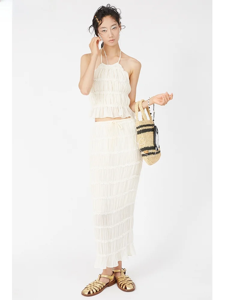 

MDNOTE Spring Summer Limited Edition f Skirt with Rope Design And Pleats Women's Faion A-Line Midi Skirt