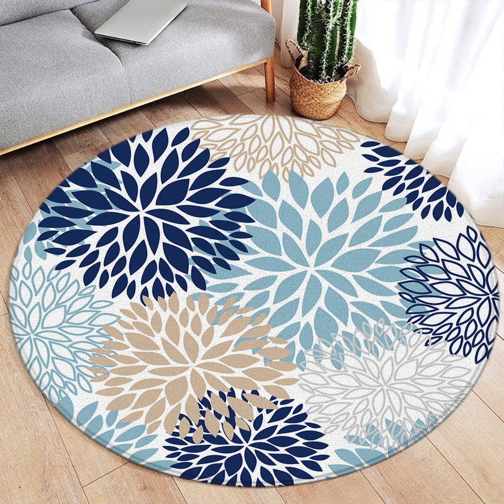 Abstract Dahlia Round Carpet Modern Boho Ethnic Style Blue Floral Art Home Living Room Bedroom Decorative Flannel Mat Floor Rugs