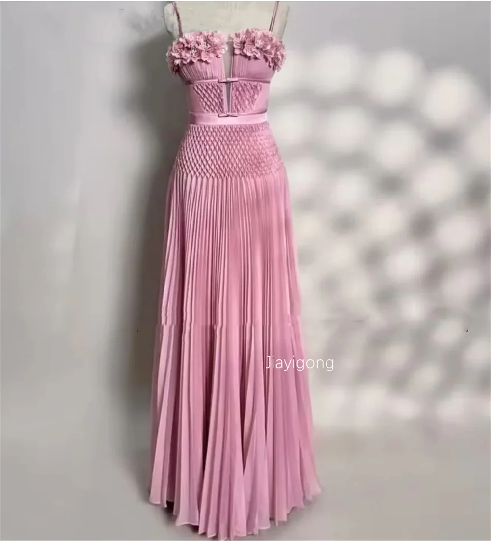 Customized  Modern Style Chiffon Flower Pleat A-line Square Neck Long Bespoke Occasion Evening Dresses Luxury Pastrol