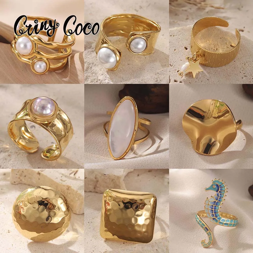 Cring Coco Geometric Ring Stainless Steel Imitation Pearl Elegant Luxury Ring Fashion Women's Party Jewelry Gift Valentine's Day