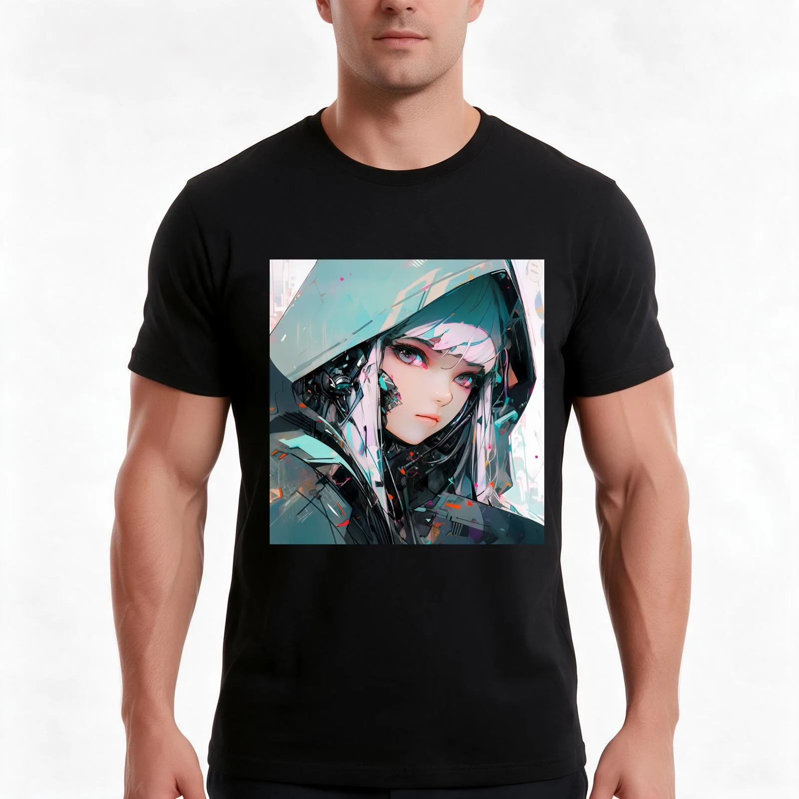 Futuristic Neon Cyber Anime Girl T-Shirt, Summer Casual Cotton Tee, Oversized Streetwear Tops, Vintage Graphic Print