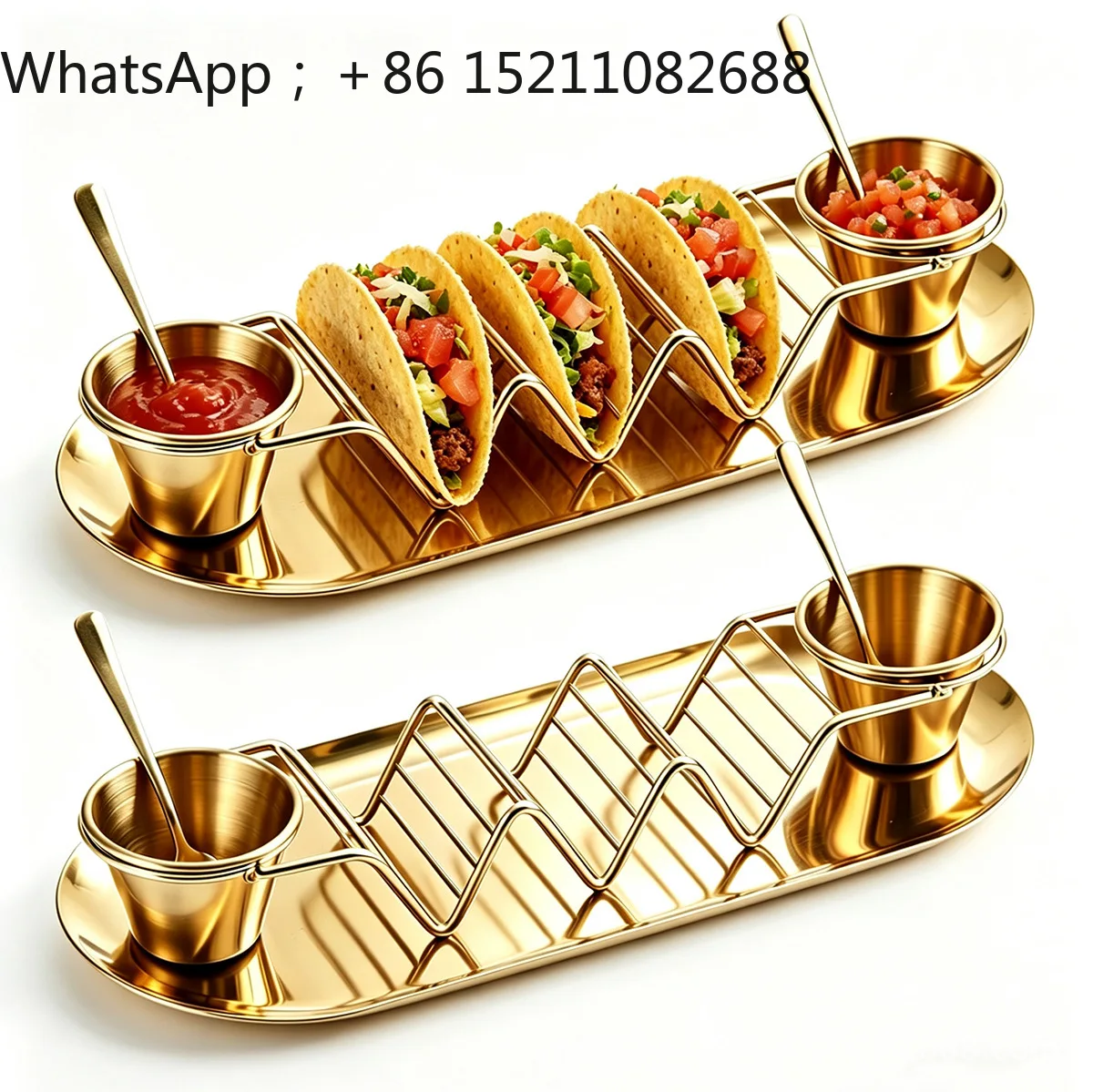LLY stainless steel tray, Taco stand, double cup holder, wrap rack, dipping sauce dish, dessert spoon
