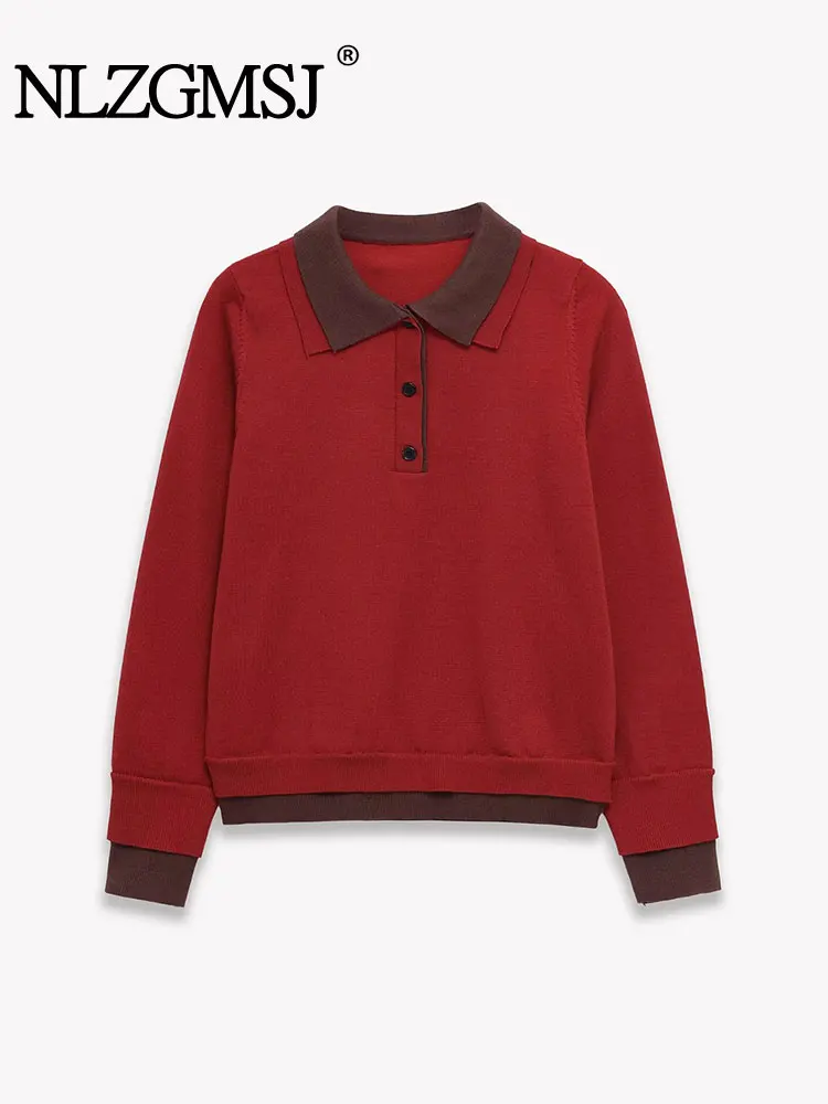 

Nlzgmsj 2025 Autumn Women Color Blocked Lapel Pullover New Fashion Long Sleeves Women Sweater Hight Street Top