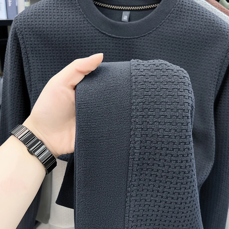 Herren-Sweatshirt mit Rundhalsausschnitt, Waffelstruktur, langen Ärmeln, einfarbig, lockerer Schnitt, lässig, für den täglichen Gebrauch, ein Basic-Oberteil für Herbst und Winter. – Detail 23