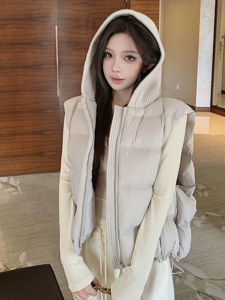 Autumn Winter Knitted Hooded Cube Down Vest Female Sleeveless Zipper Waistcoat Women White Duck Down Drawstring Warm Thick Vest