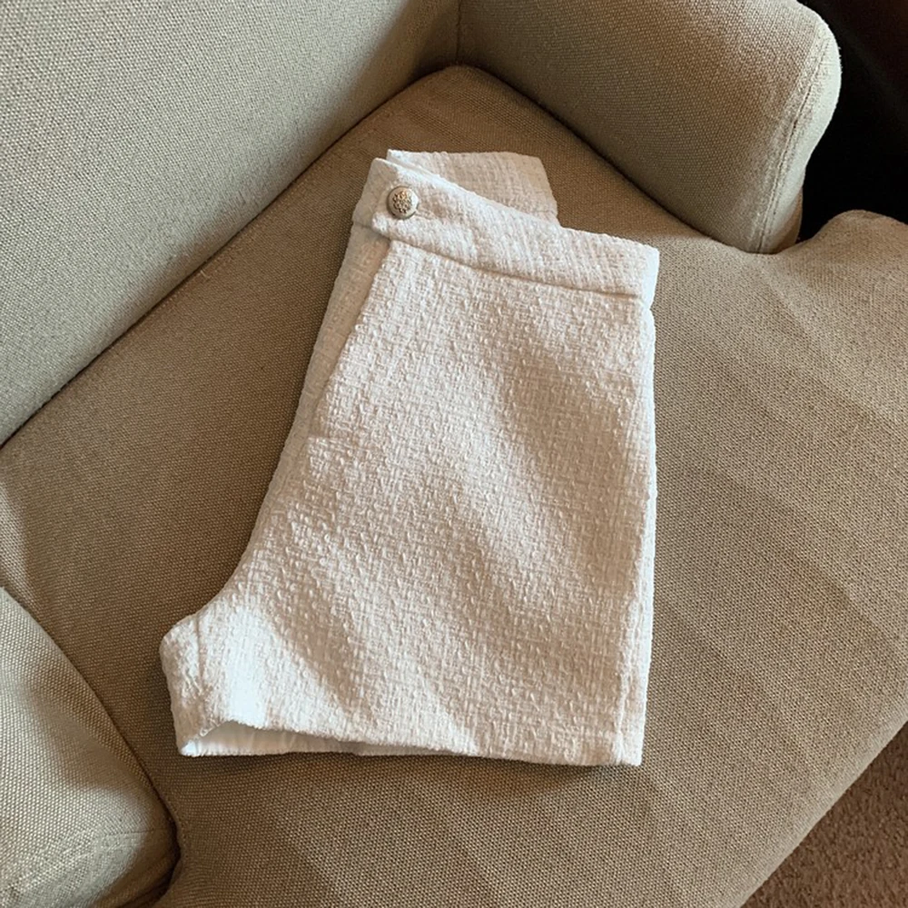 Pantaloni corti bootcut bianchi in tweed da donna autunno inverno a vita alta firmati slim fit moda gamba larga pantaloncini femminili casual