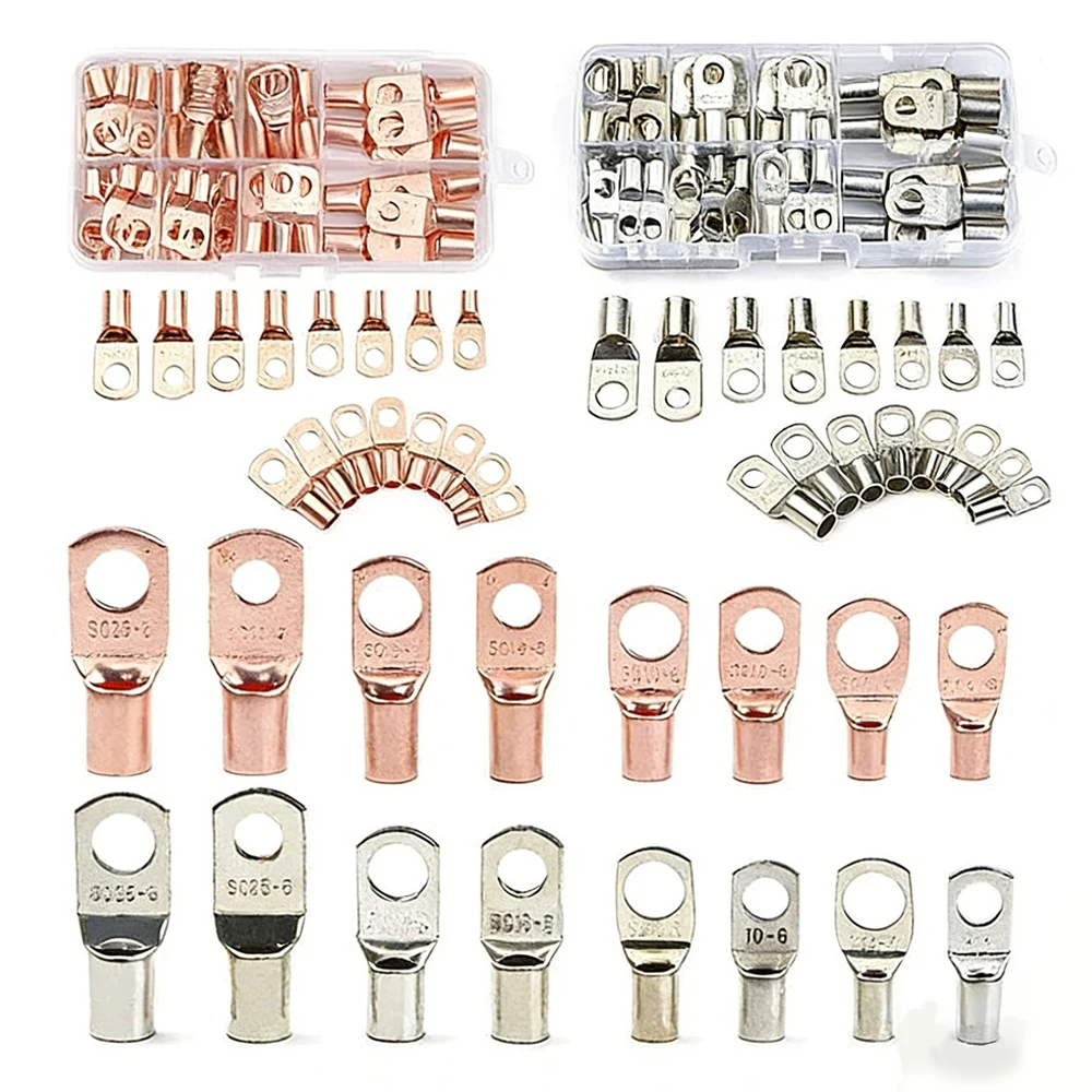 60PCS SC6-25 Copper Tube Terminals Silver & Gold Crimp Lug Connectors with Inspection Hole for Electrical Wiring