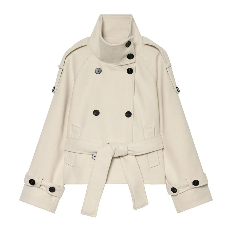 NINE ZAR Women's Soft Woolen Jacket Short Double-Buttoned Belted Coat European Style Long Sleeve Stand Collar Winter Fashion