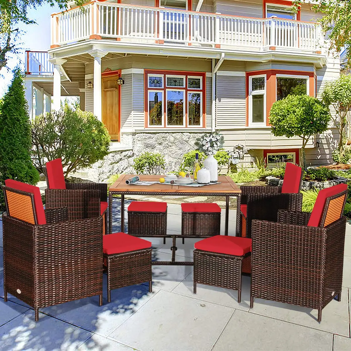 Patio Dining Set 9PCS Wicker Chair Ottoman Wood Table Cushioned Seating Space-Saving Backyard Garden Poolside, Customized