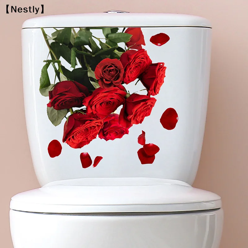 Roses Toilet Seat Stickers Red Flowers Toilet Lid Decals DIY Removable Watercolor Bouquet Toilets Stickers For Cistern 〔Nest〕