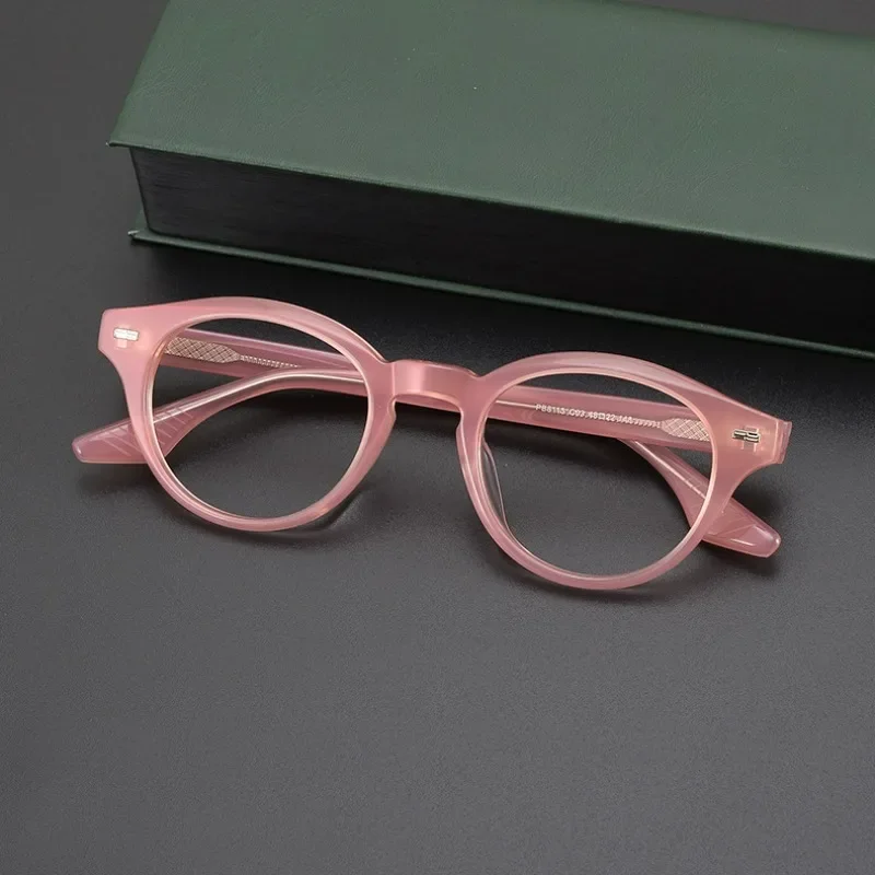 Fashion pink acetate eyeglasses frame men round hand-made texture myopic frame large face can be matched degree