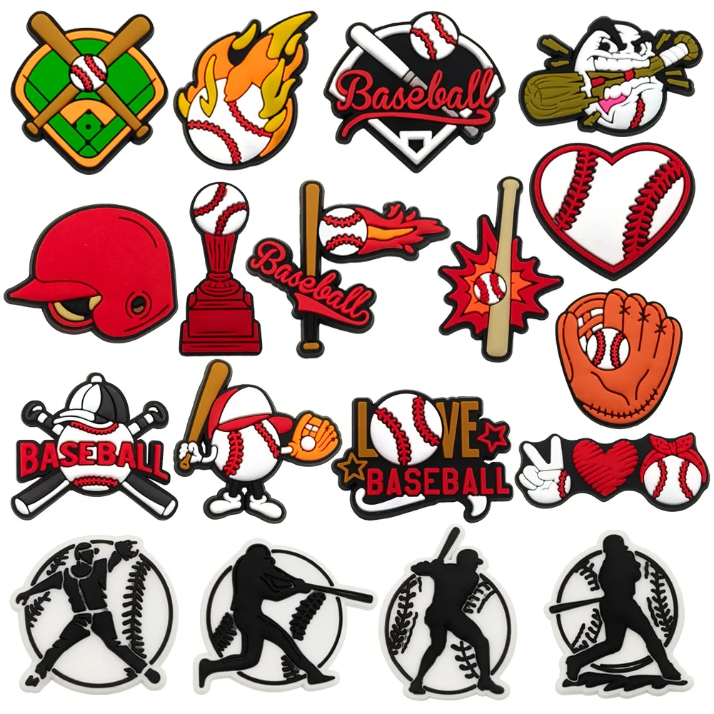 1/18PCS Cartoon Baseball Bat Glove Trophy PVC Shoe Charms For Slides Sandals DIY Clog Accessories Athlete Teen Decor Gifts