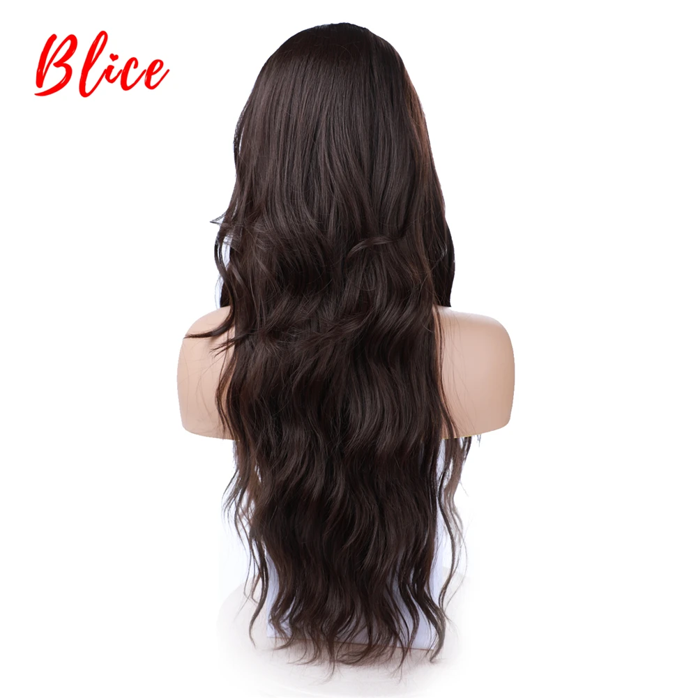 Blice Long Curly Synthetic Hair Daily Wigs Skin Head Topper For African American Women Wavy 20Inch With Lace Babyhair Brown