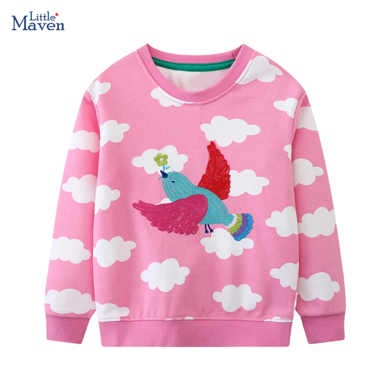 Little maven Autumn Spring Active Kids Clothes Baby Girls Cartoon Clouds Birds Embroidery Sweatshirts Pink Children Tops Hoodies