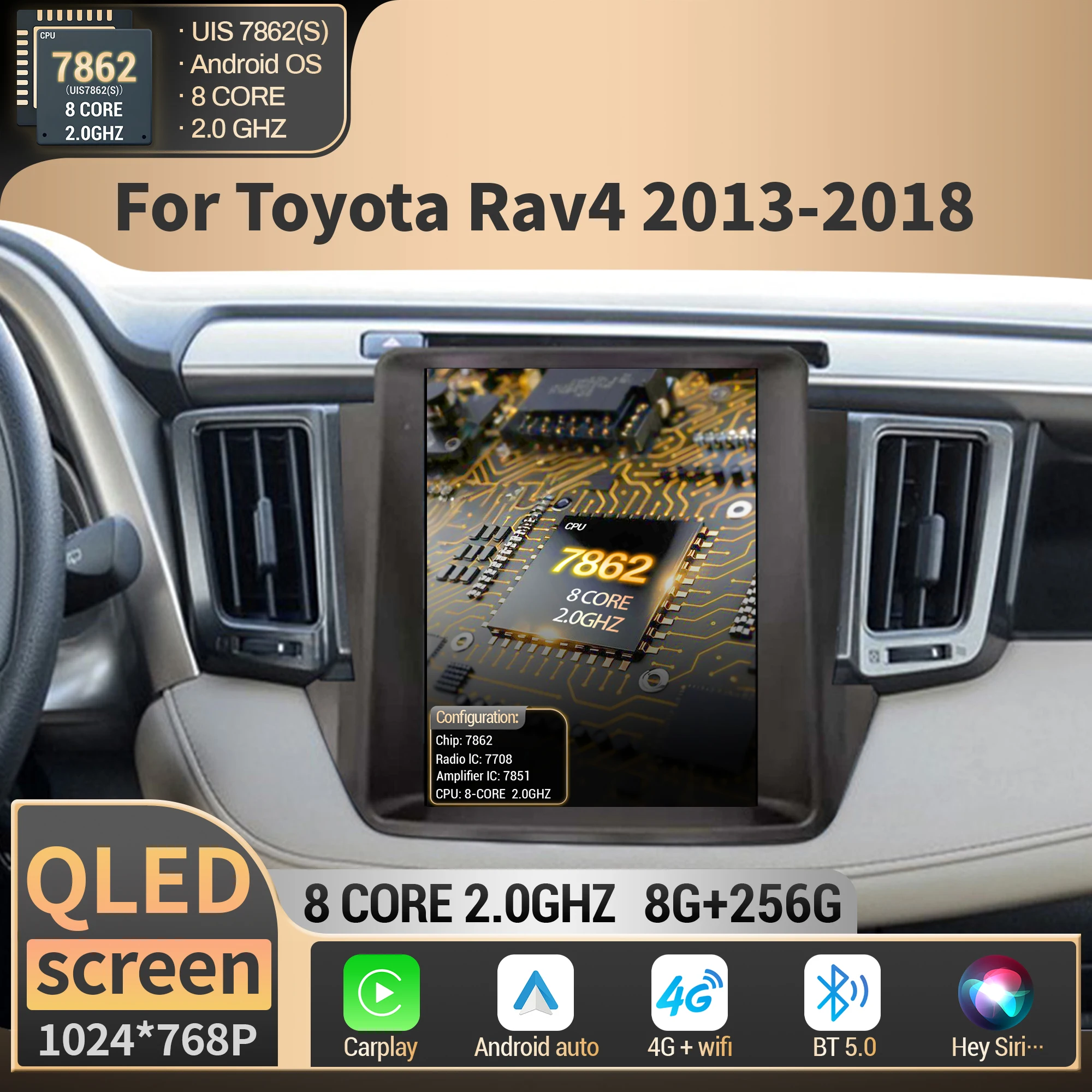 

9.7 inch Car Radio Multimedia For Toyota Rav4 2013 2014 2015 2016-2018 Wireless Bluetooth Carplay 4G GPS Head Unit QLED Screen