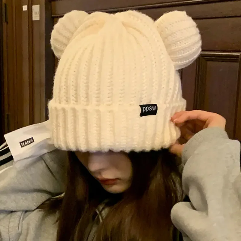 Y2K Bear Ears Thicken Hats Women Soft Harajuku Plush Ear Head Protection Cute Knitted Korean Wool Caps Cool Girl Handmade Beanie