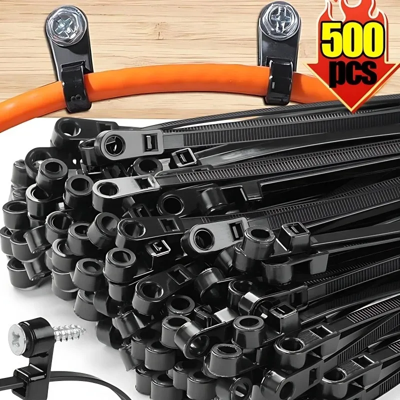 Screw Hole Cable Ties Fixed Nylon Selflock- Cord Straps Fastening Loop for Office Home Automotive Electrical Wiring Organization